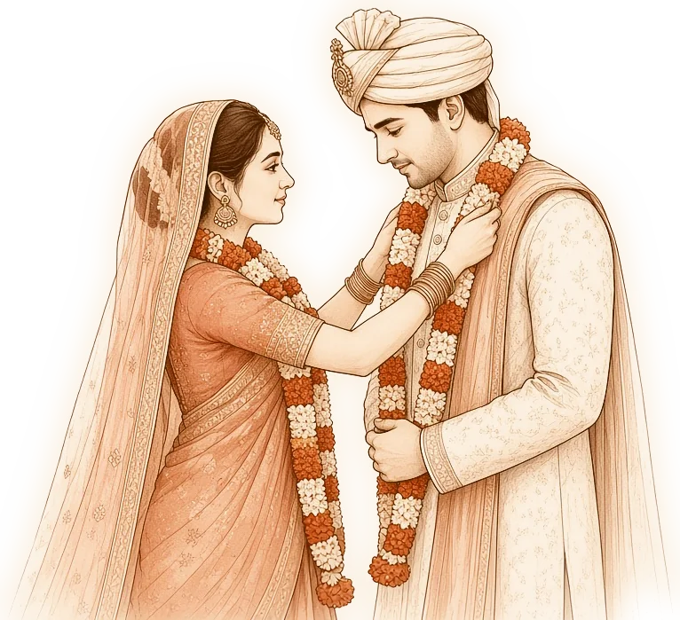 A bride placing a flower garland around the groom&rsquo;s neck